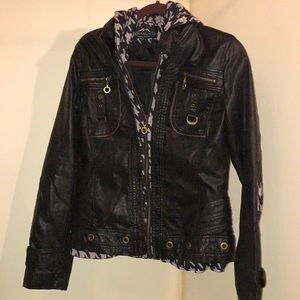Black leather jacket w/ built in hoodie
